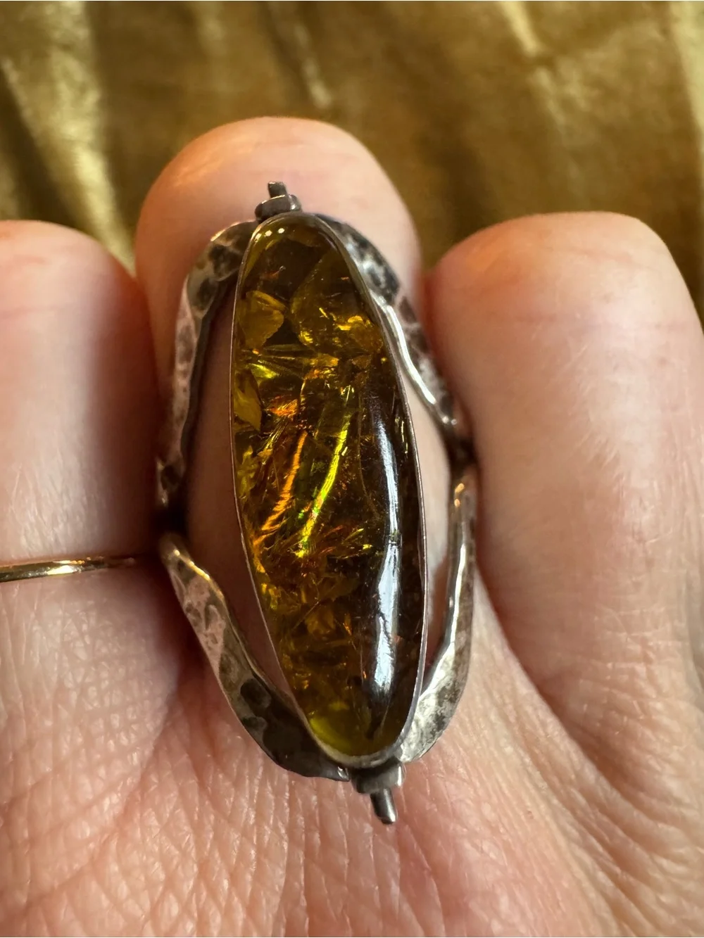 Turquoise & Amber Stone Silver Ring - Bright Blue Oval Statement